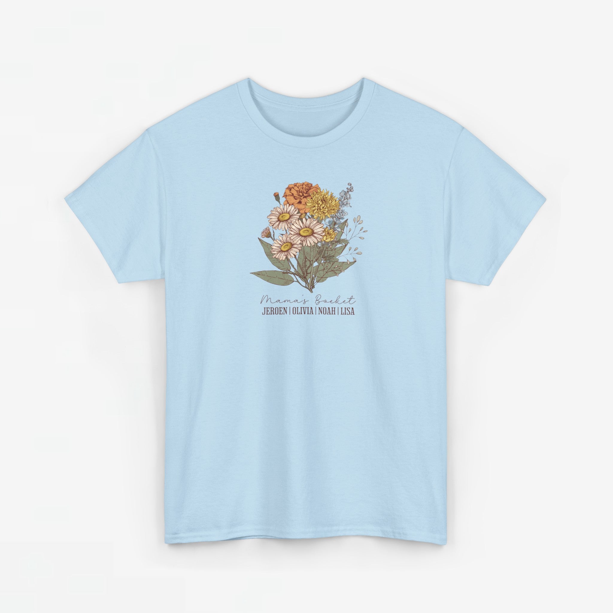 Gepersonaliseerde Moederdag Mama Cadeau - T-shirt - Mama's boeket met namen en geboortemaand bloemen
