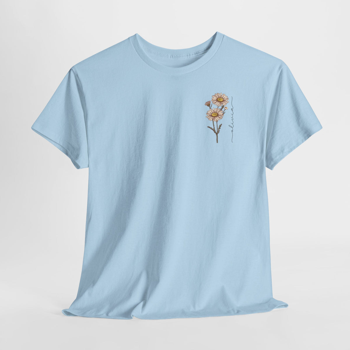 T-shirt lichtblauw met kleine bloemenprint op de borst