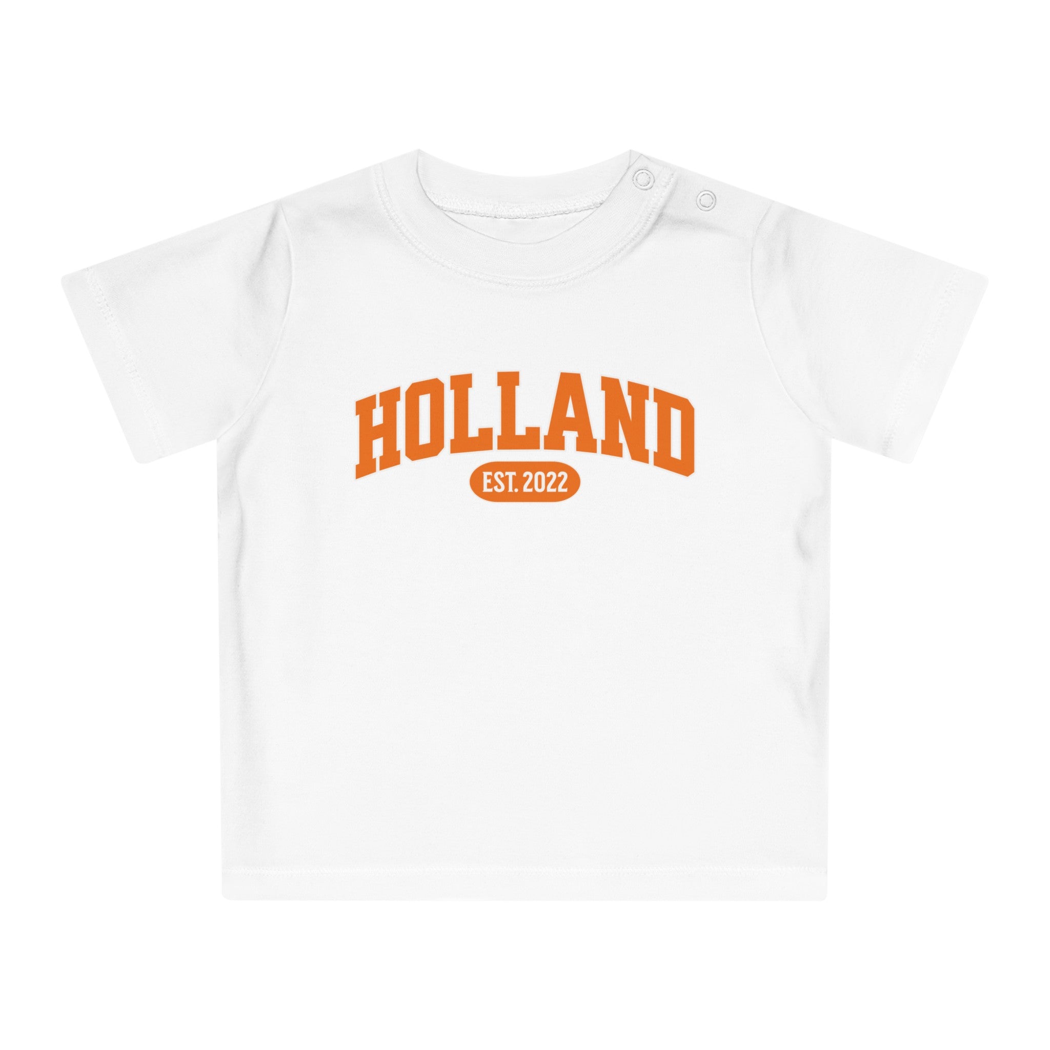 Baby T-shirt voor EK, WK en Koningsdag - Personaliseer met EST Jaar  - HOLLAND (Voorkant)