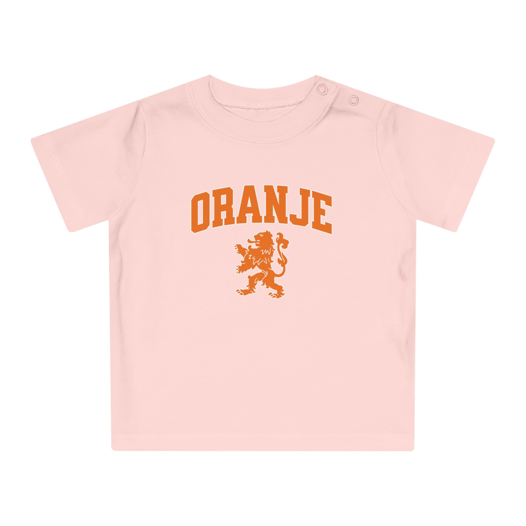Baby T-shirt voor EK, WK en Koningsdag - Personaliseer met Naam & Rugnummer - ORANJE met Leeuw