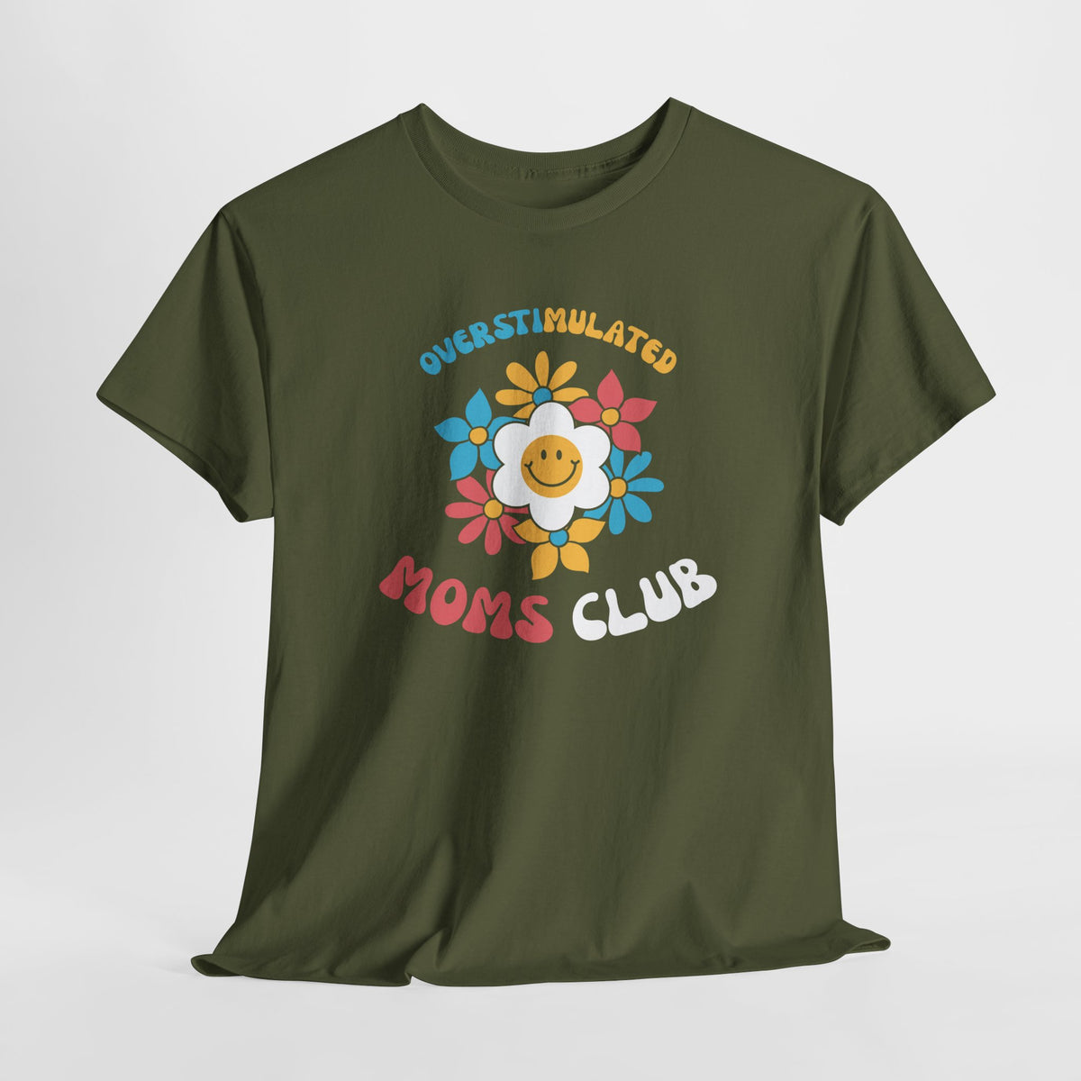 Olijfgroen T-shirt met ronde hals en kleurrijke bloem- en tekstprint 'MOMS CLUB'
