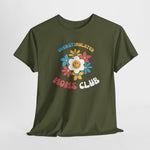Olijfgroen T-shirt met ronde hals en kleurrijke bloem- en tekstprint 'MOMS CLUB'