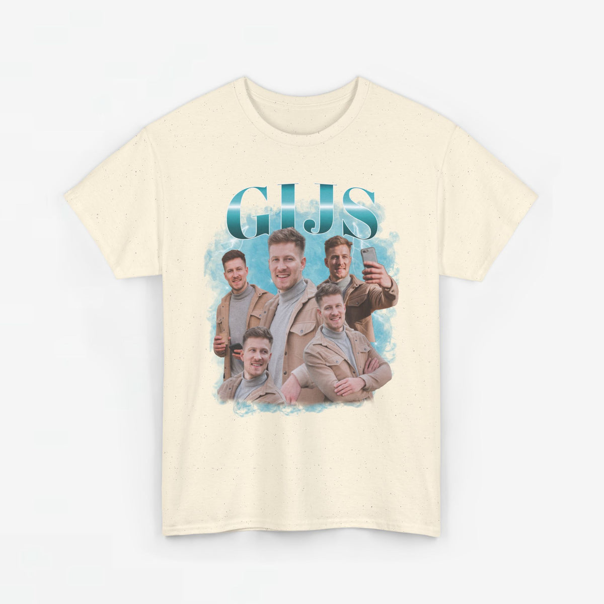 Beige t-shirt met grote foto- en tekstprint op de borst