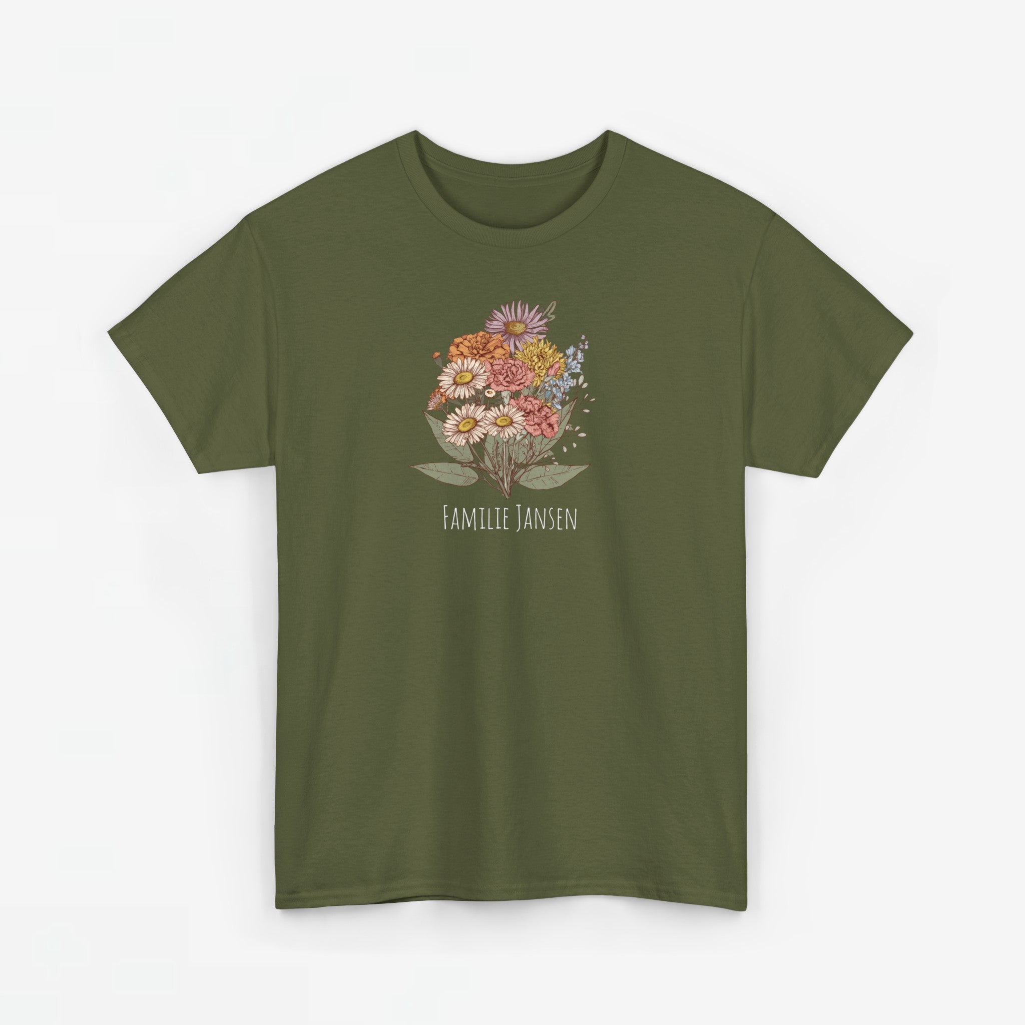 Gepersonaliseerde Moederdag Mama Cadeau - T-shirt - Familie Bloemen boeket met geboortemaand bloemen (witte tekst)
