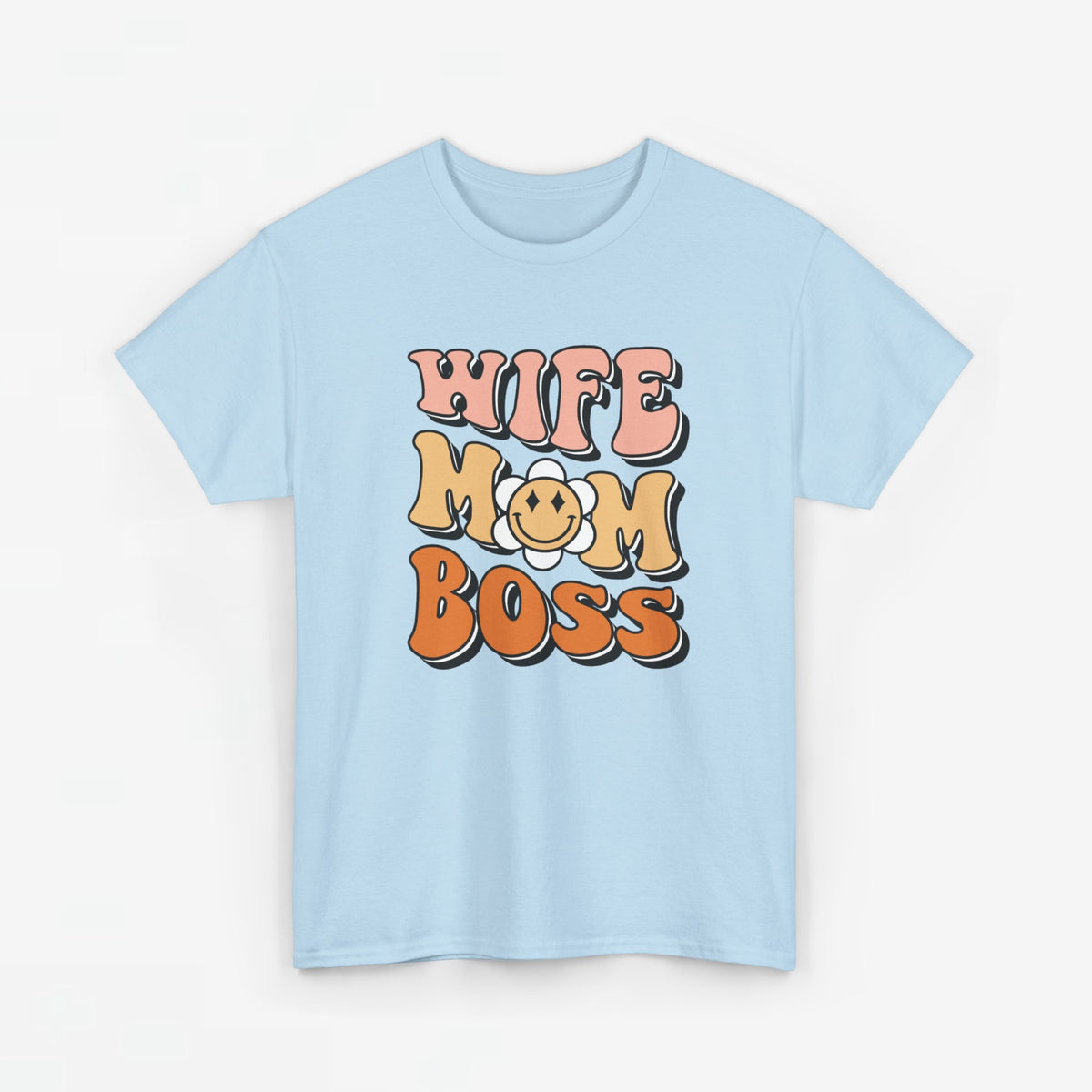 Lichtblauw T-shirt met ronde hals en opdruk 'WIFE MOM BOSS'