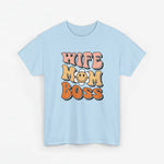Lichtblauw T-shirt met ronde hals en opdruk 'WIFE MOM BOSS'