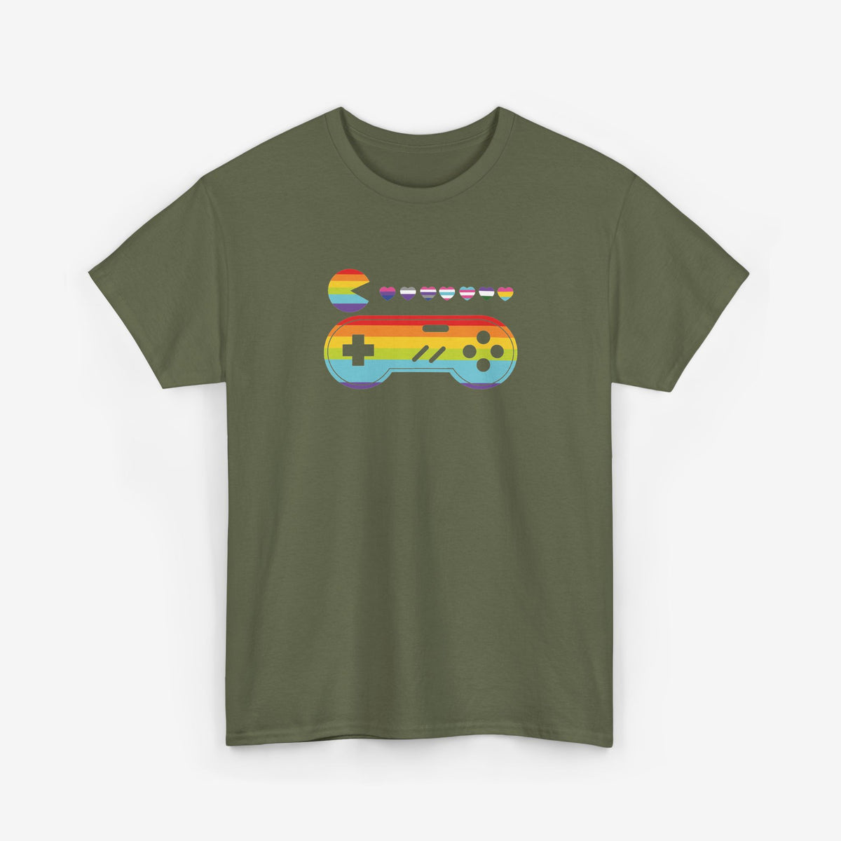 Legergroene t-shirt met regenboog gamecontroller en kleine hartjes opdruk