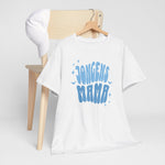 Witte T-shirt met blauw “JONGENS MAMA” print, ronde hals en korte mouwen