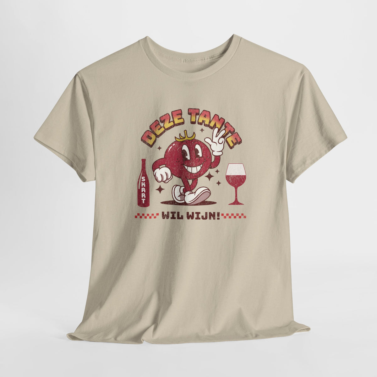 Zandkleurig T-shirt met rode cartoonprint van figuur en wijnglas