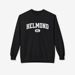 Zwarte varsity trui met ronde hals en grote HELMOND print op de borst