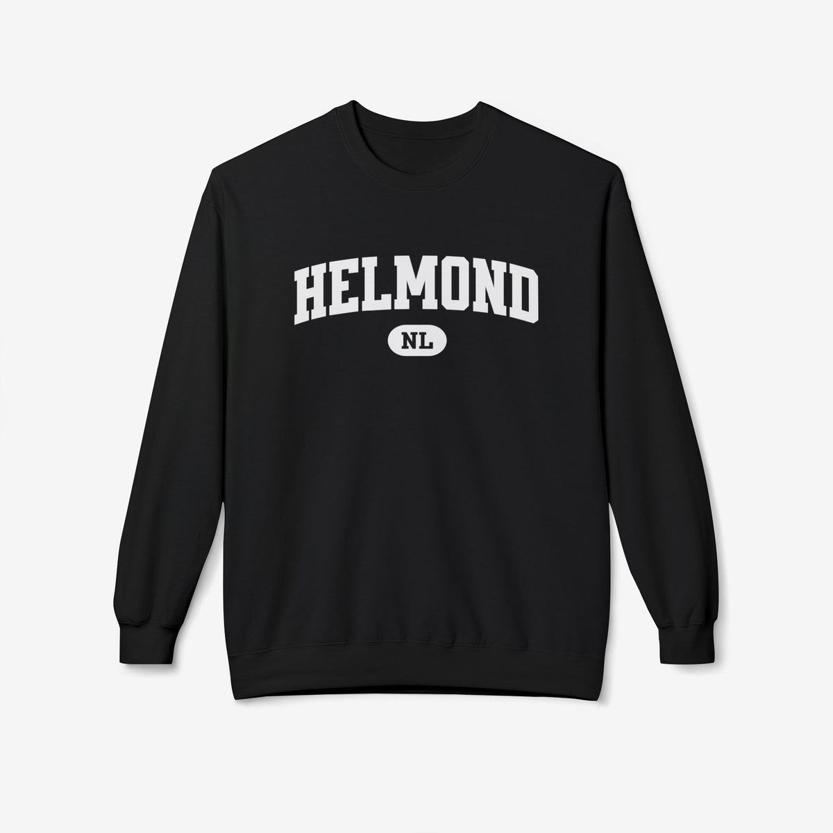 Zwarte varsity trui met ronde hals en grote HELMOND print op de borst
