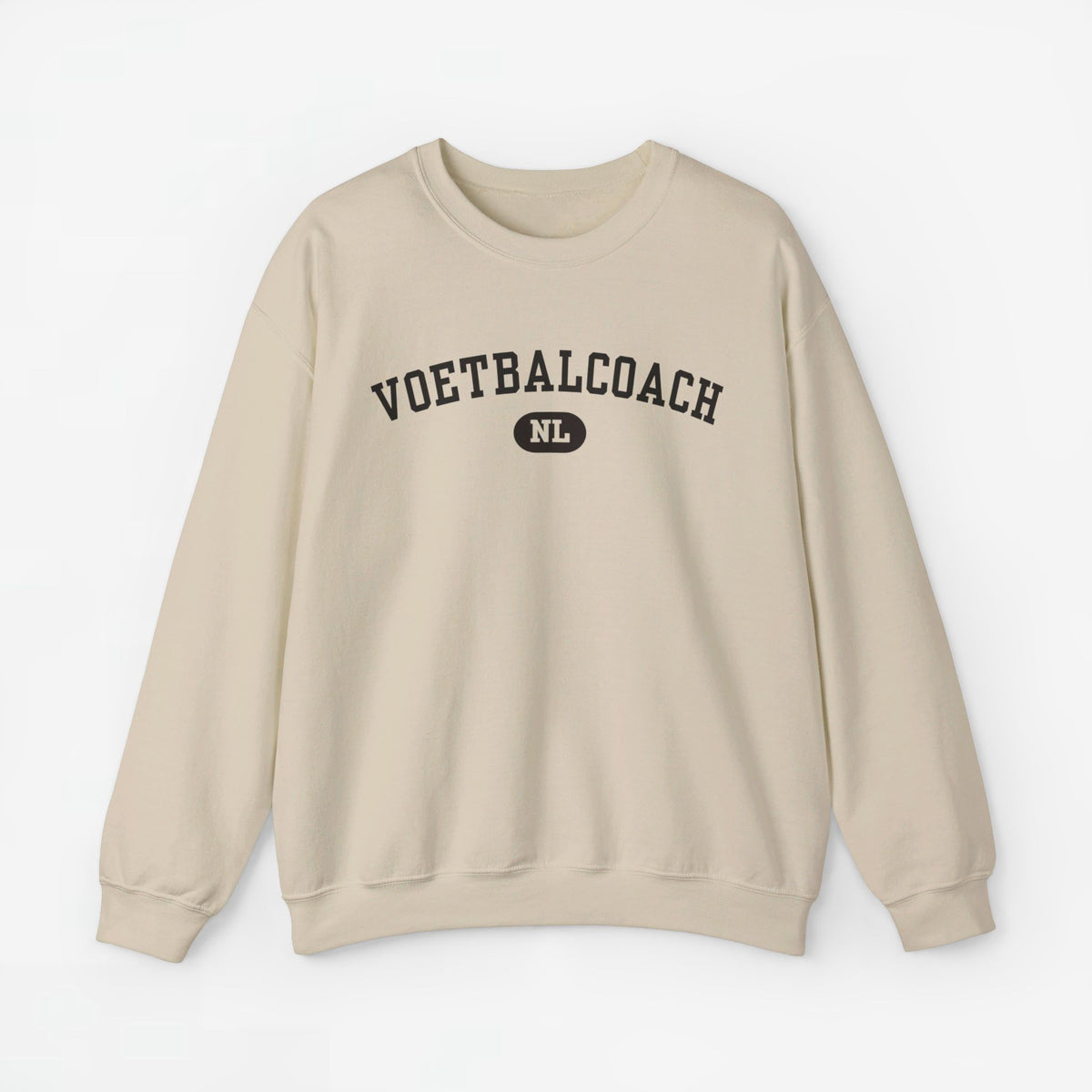 Beige sporttrui met 'VOETBALCOACH' print op de borst en ronde hals.