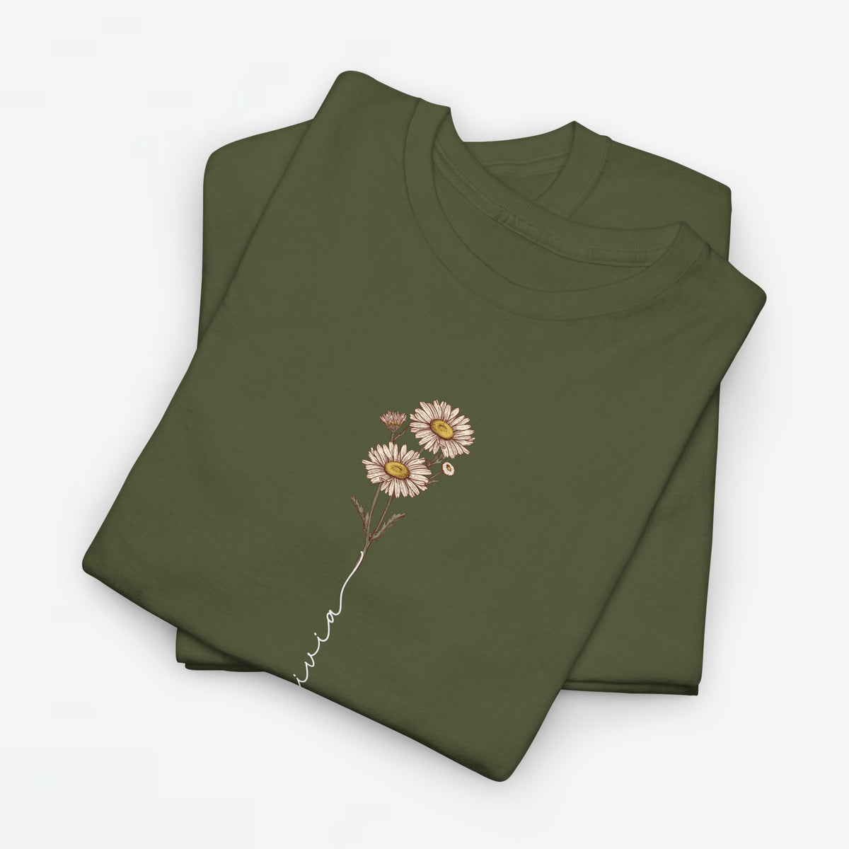 T-shirt kaki groen met geborduurde madeliefjesprint en sierlijke lijn op de borst