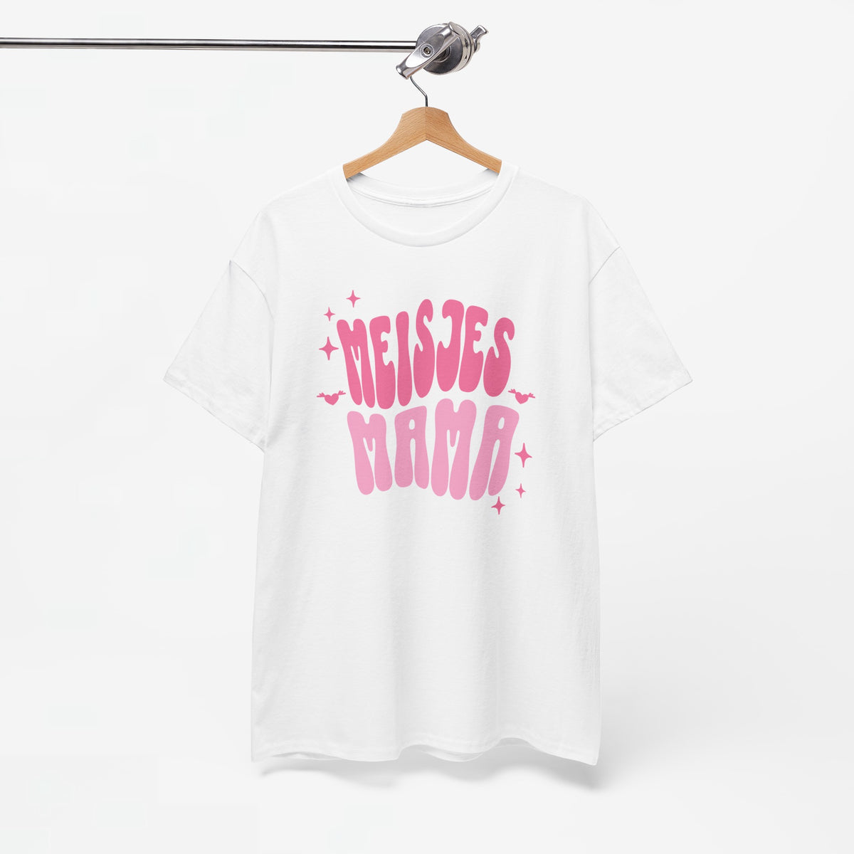 Wit meisjes-T-shirt met roze opdruk en ronde hals, aan kleerhanger