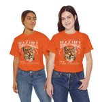 Oranje T-shirt met voorprint van leeuwenkop en tekst “The Queen” en “MAXIMA”.