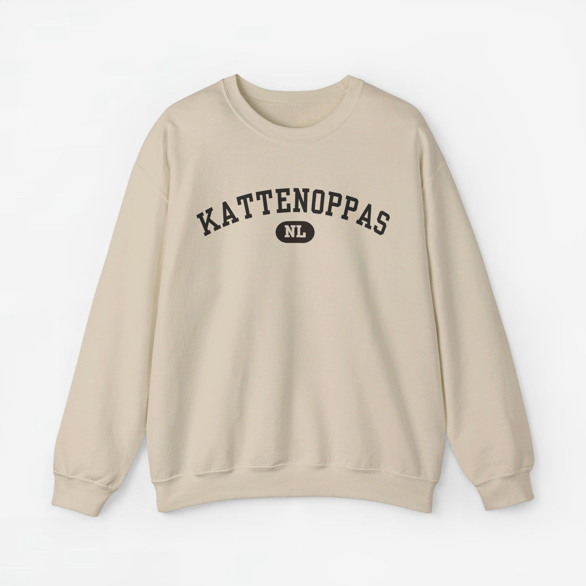 Beige sweatshirt met ronde hals en borstprint 'KATTENOPPAS' met NL