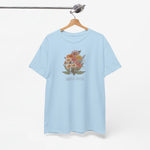 Lichtblauw T-shirt met bloemenboeketprint, aan hanger