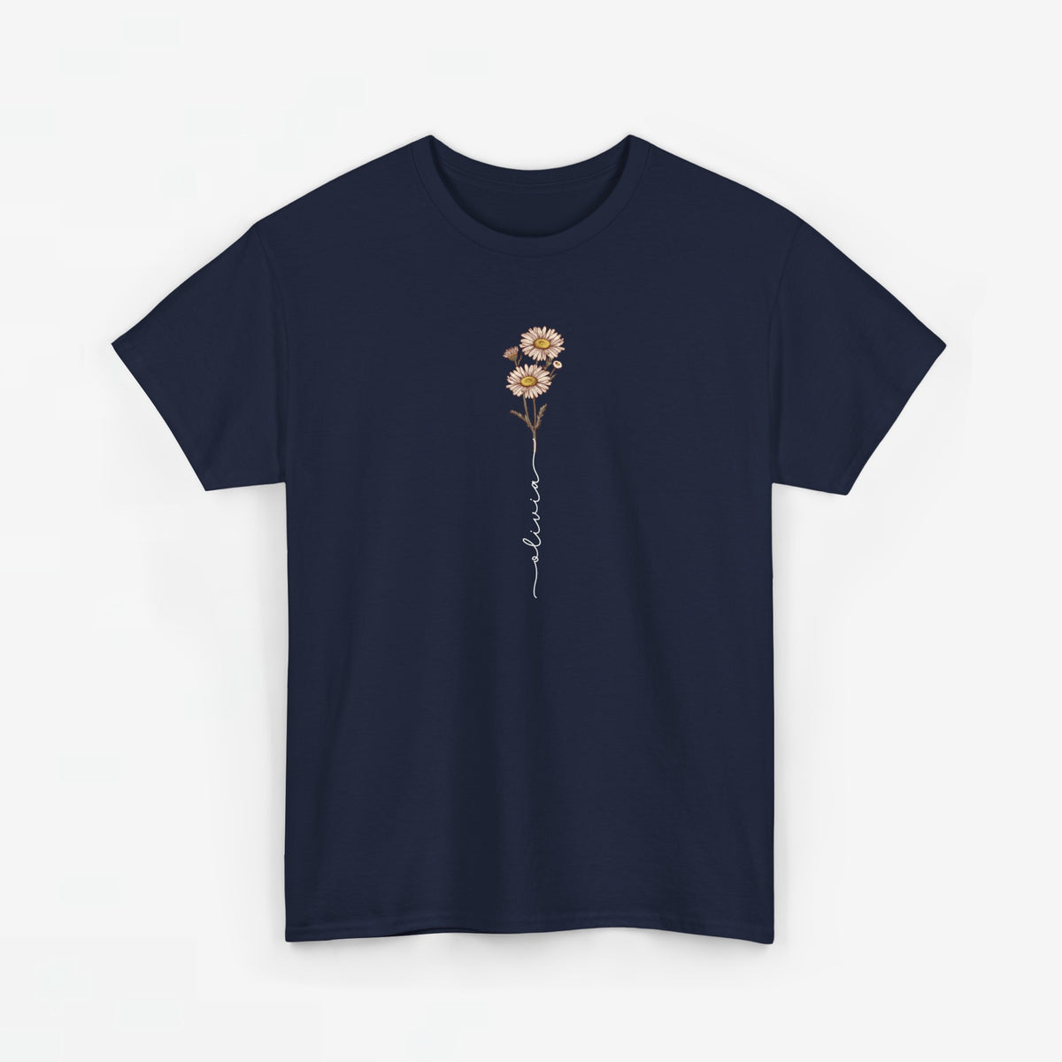 Donkerblauwe T-shirt met verticale bloemprint en beige sierlijke tekst