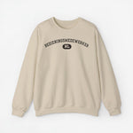 Trui met ronde hals, beige, borstprint “BEDIENINGSMEDEWERKER” en NL-label.