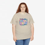 Beige oversized t-shirt met ‘BONUS MAMMA’ bloemenprint; ronde hals en korte mouwen