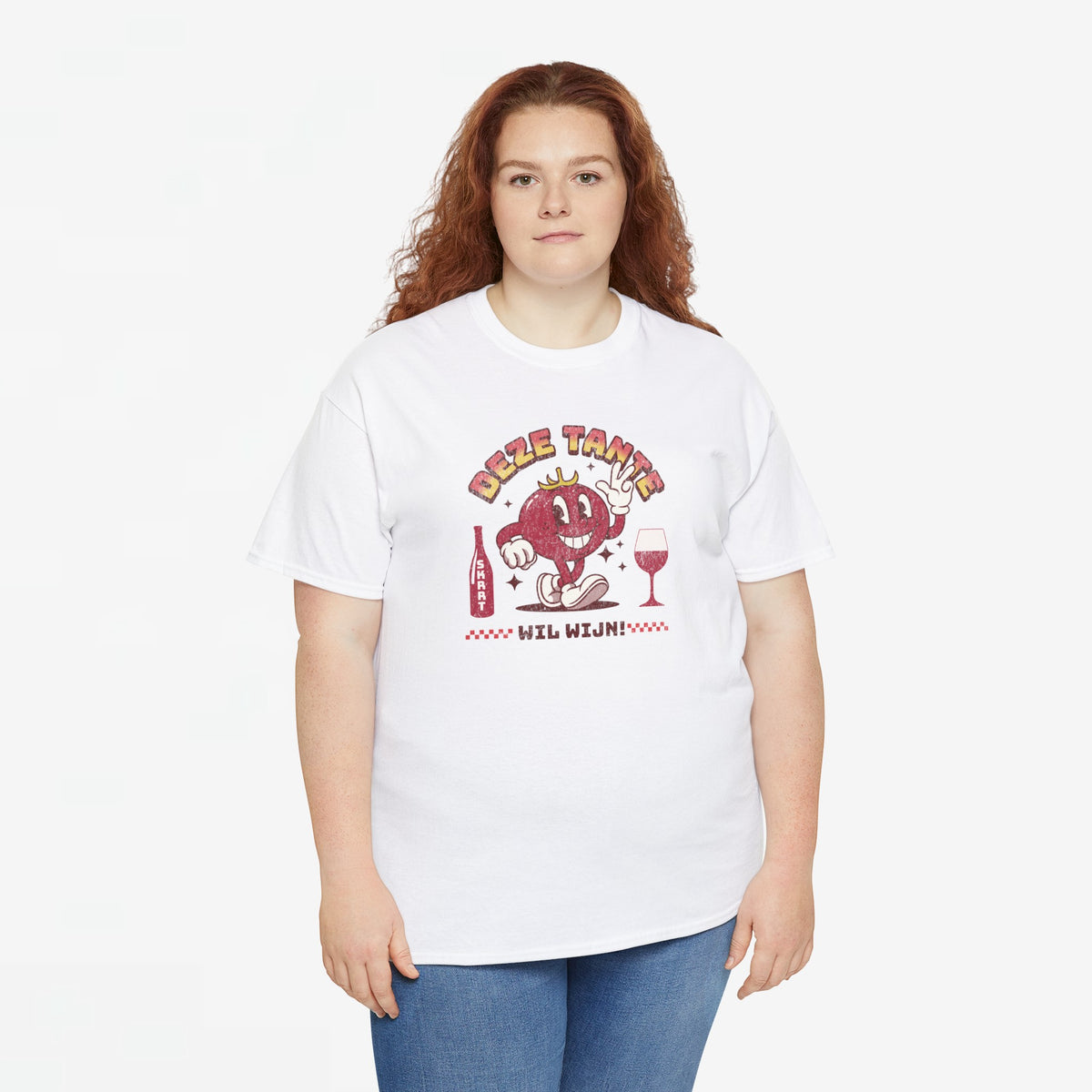Lichtblauw oversized T-shirt met rode krab-, wijn- en tekstprint op de borst