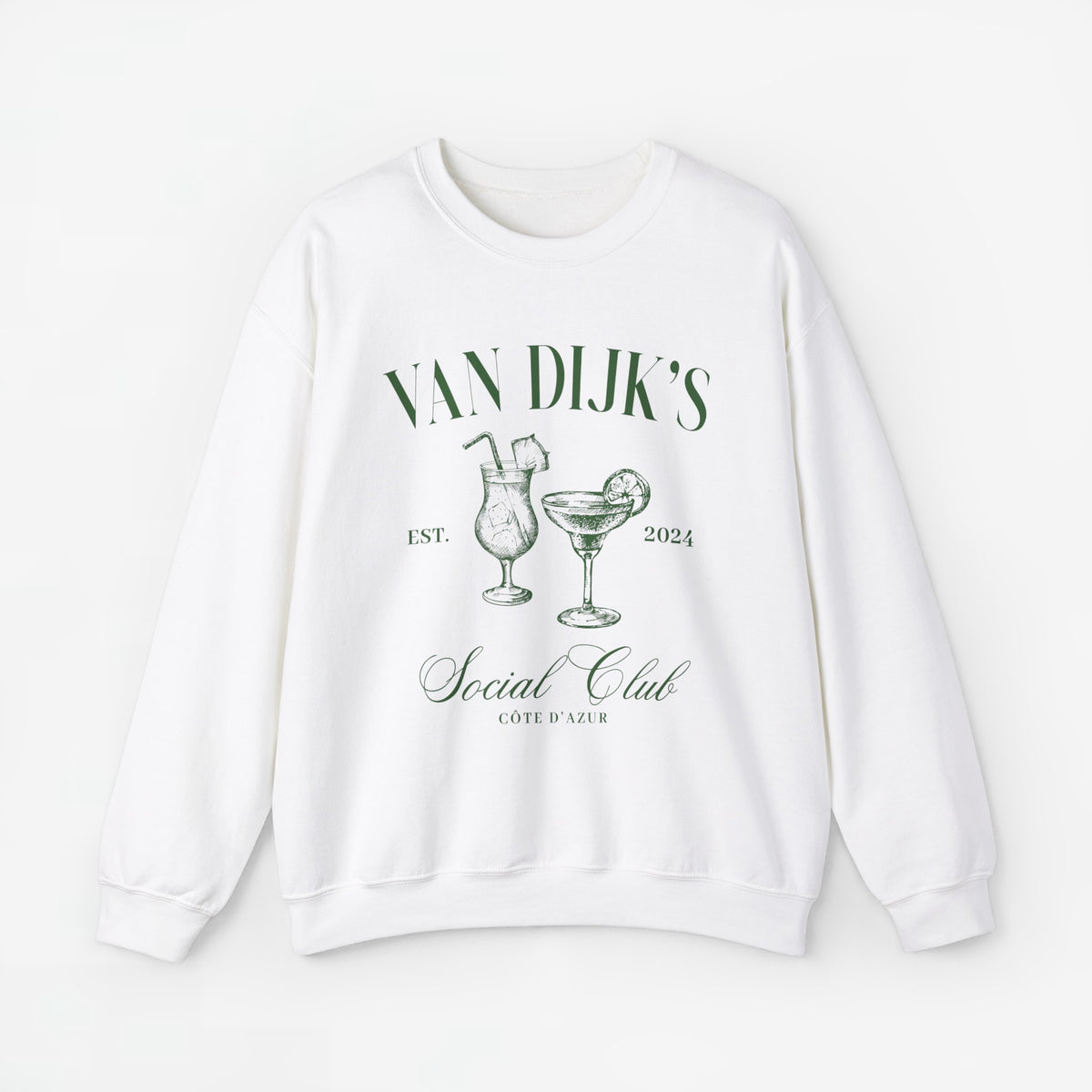 Witte sweater met ronde hals en bedrukking met glazen en 'Social Club'.