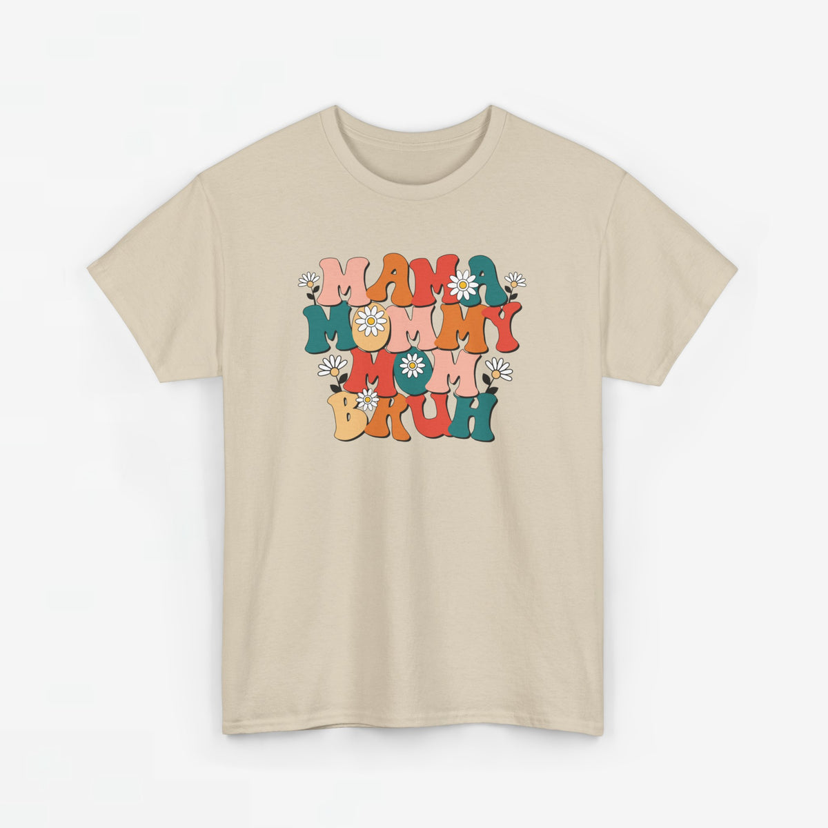 Beige T-shirt met kleurrijke mama-mommy-bruh print op de borst