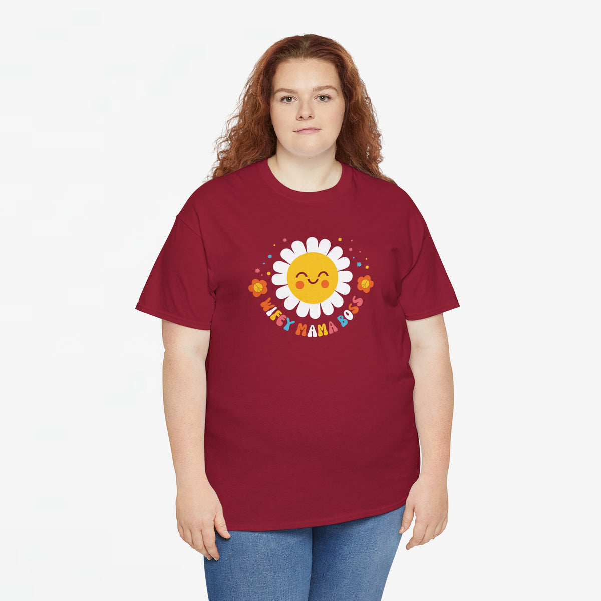 Wijnrode oversized t-shirt met zon- en bloemenprint op de voorkant