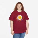 Wijnrode oversized t-shirt met zon- en bloemenprint op de voorkant