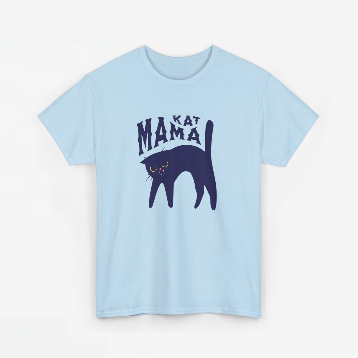 Lichtblauwe T-shirt met borstprint “Kat Mama” en zwarte kattenillustratie