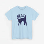 Lichtblauwe T-shirt met borstprint “Kat Mama” en zwarte kattenillustratie
