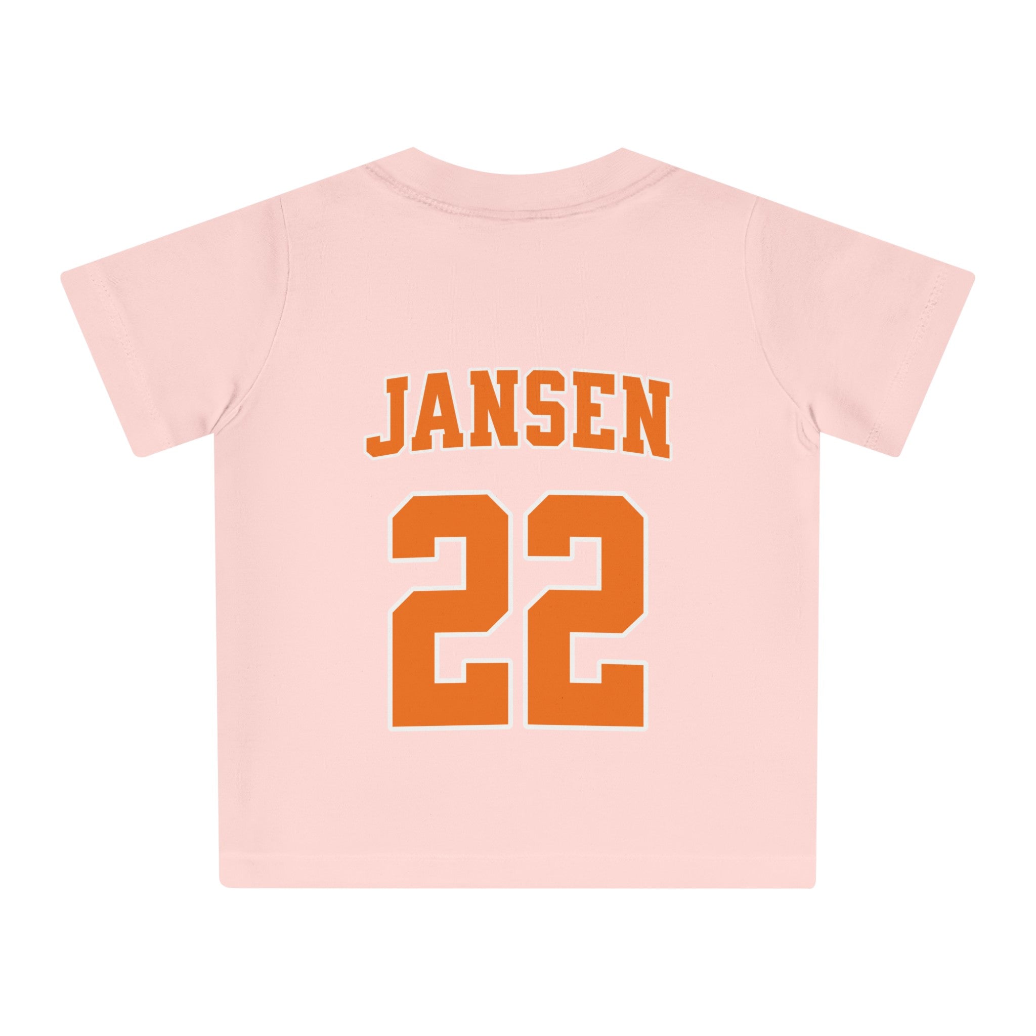 Baby T-shirt voor EK, WK en Koningsdag - Personaliseer met Naam, Jaar & Rugnummer - ORANJE