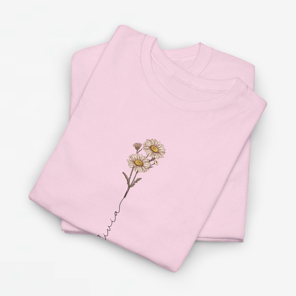 Lichtroze T-shirt met bloemillustratie op de borst, korte mouwen