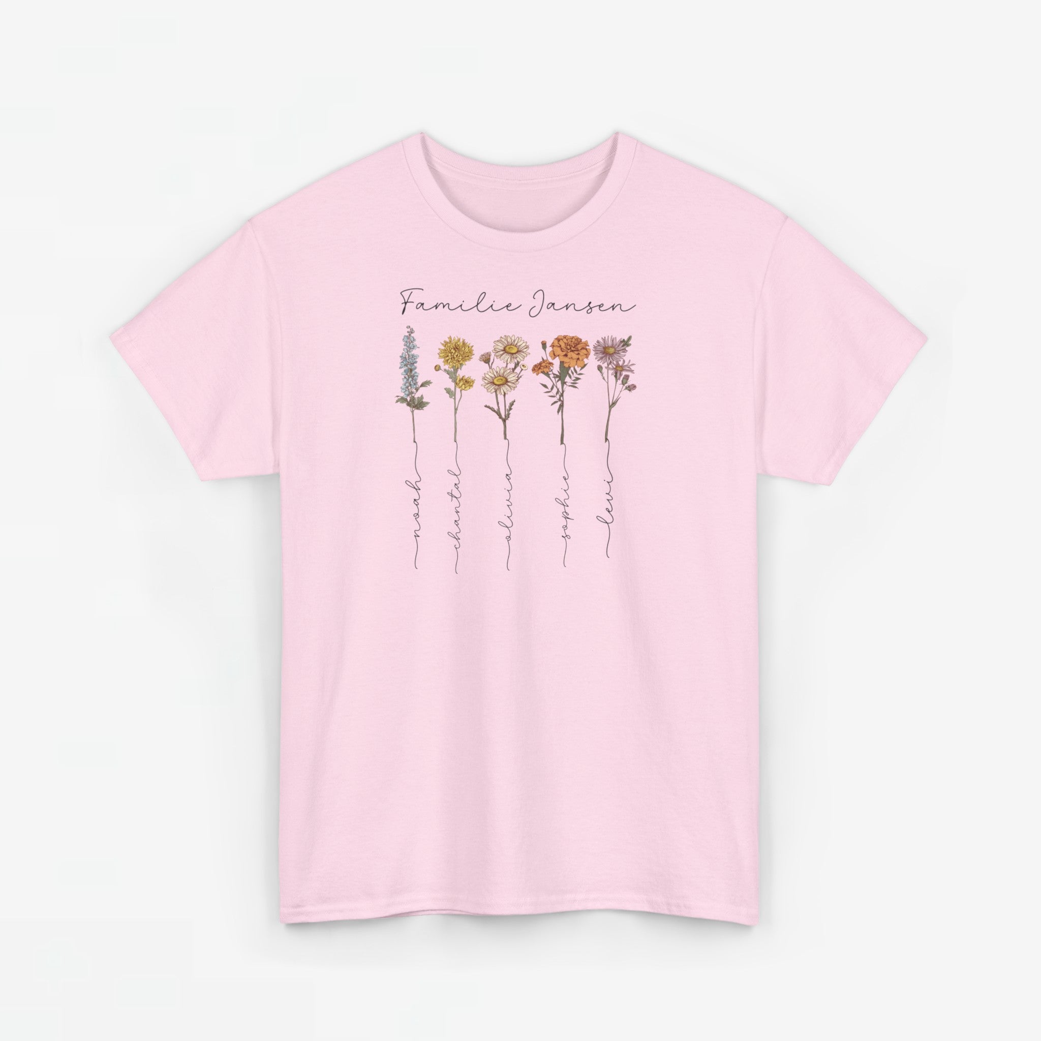 Gepersonaliseerde Moederdag Mama Cadeau - T-shirt - Familienaam met namen en geboortemaand bloemen