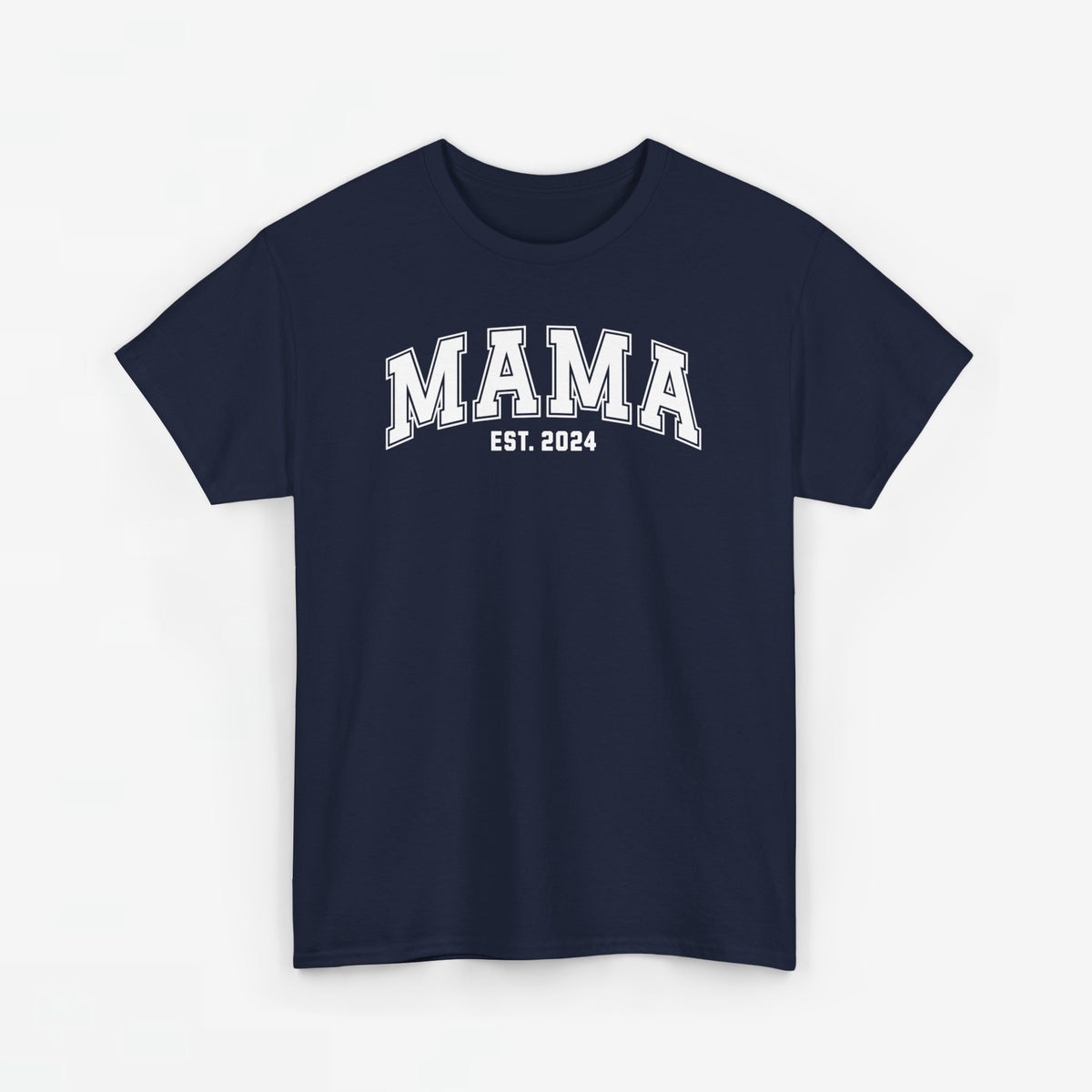 Donkerblauw Mama T-shirt met borstprint “MAMA” en “EST. 2024”, ronde hals