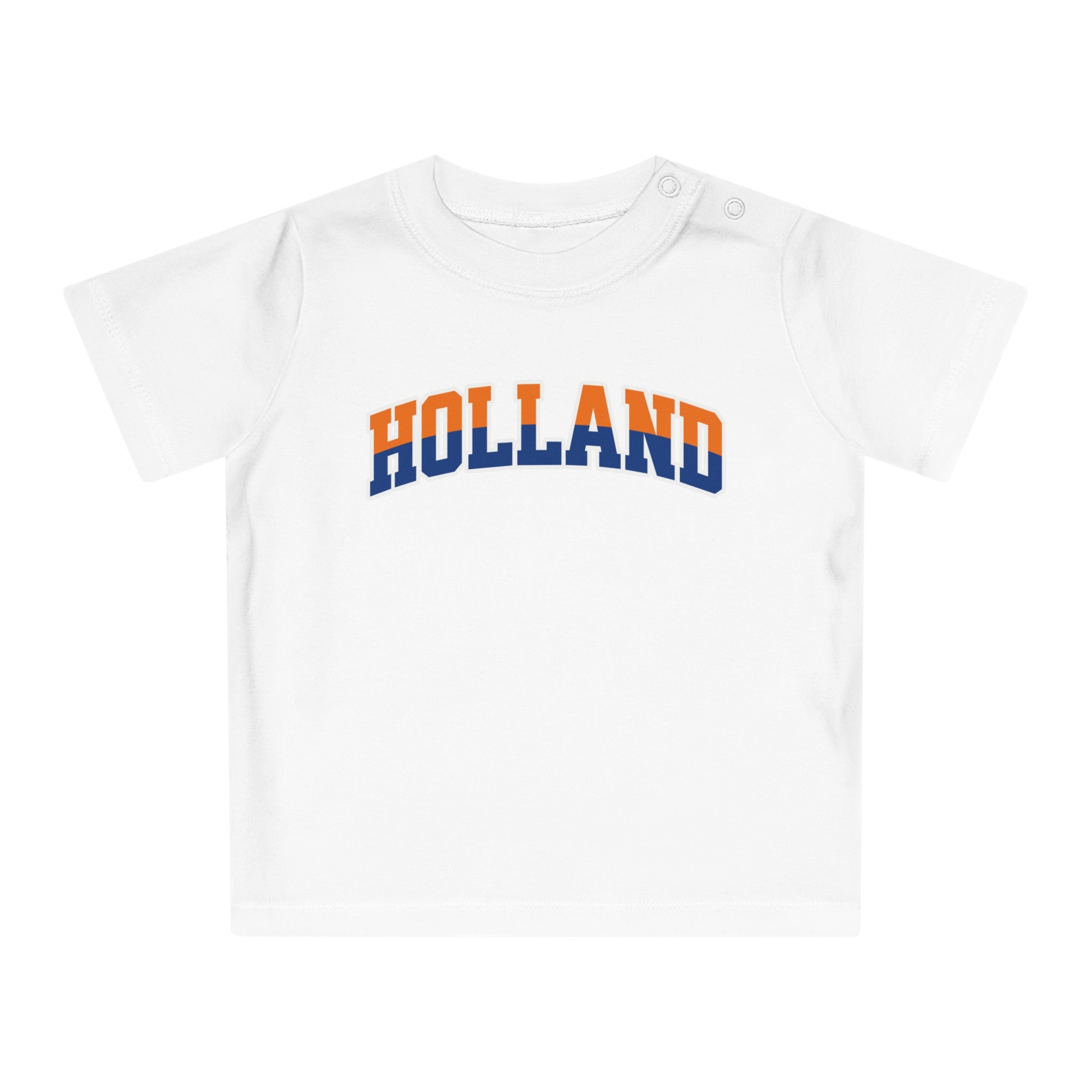 Baby T-shirt voor EK, WK en Koningsdag - HOLLAND - oranje en blauwe tekst