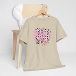 Sandkleurig T-shirt met “MAMA”-print en roze strik, korte mouwen en ronde hals