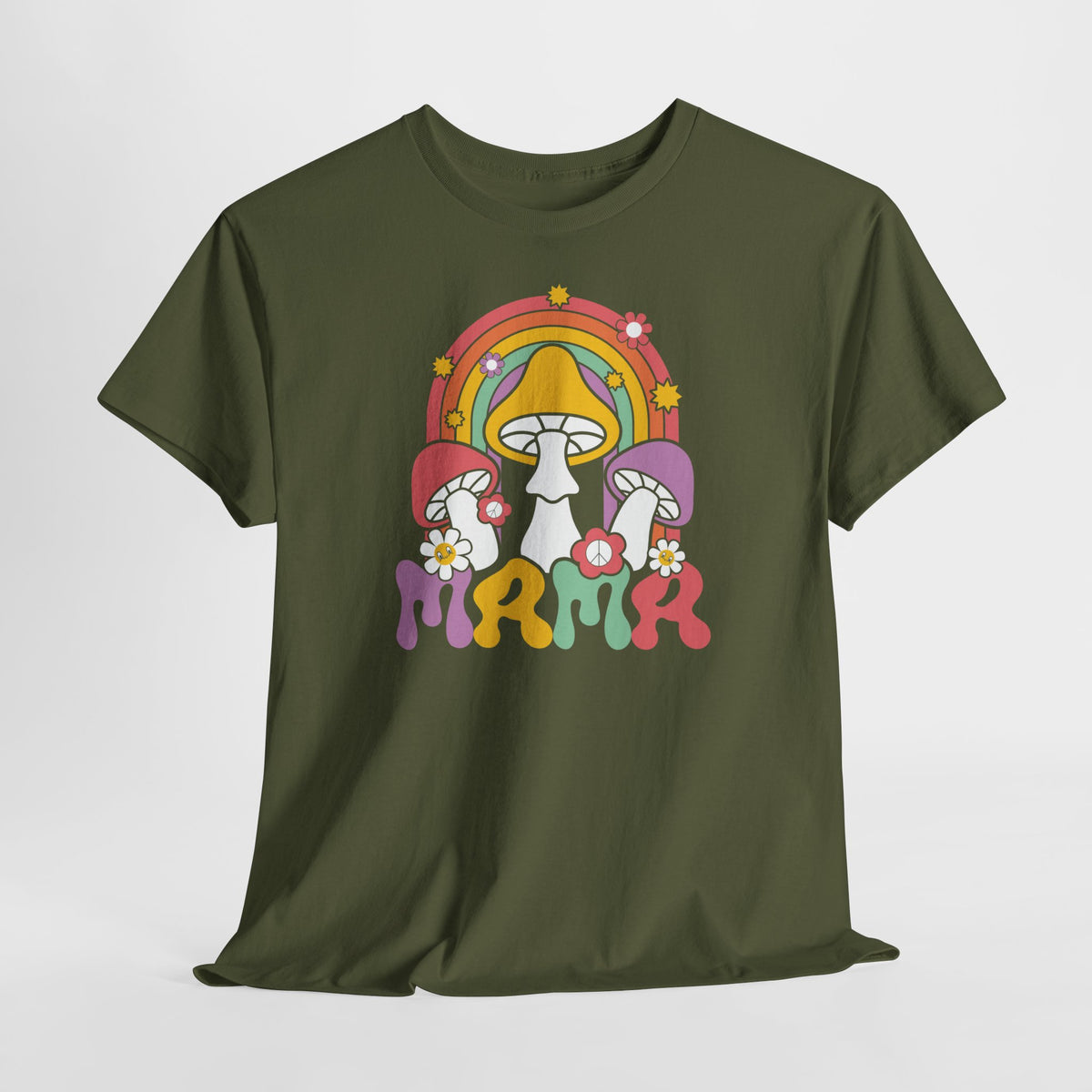 Oversized T-shirt olijfgroen met paddenstoelenprint en regenboogboog