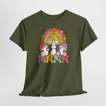 Oversized T-shirt olijfgroen met paddenstoelenprint en regenboogboog