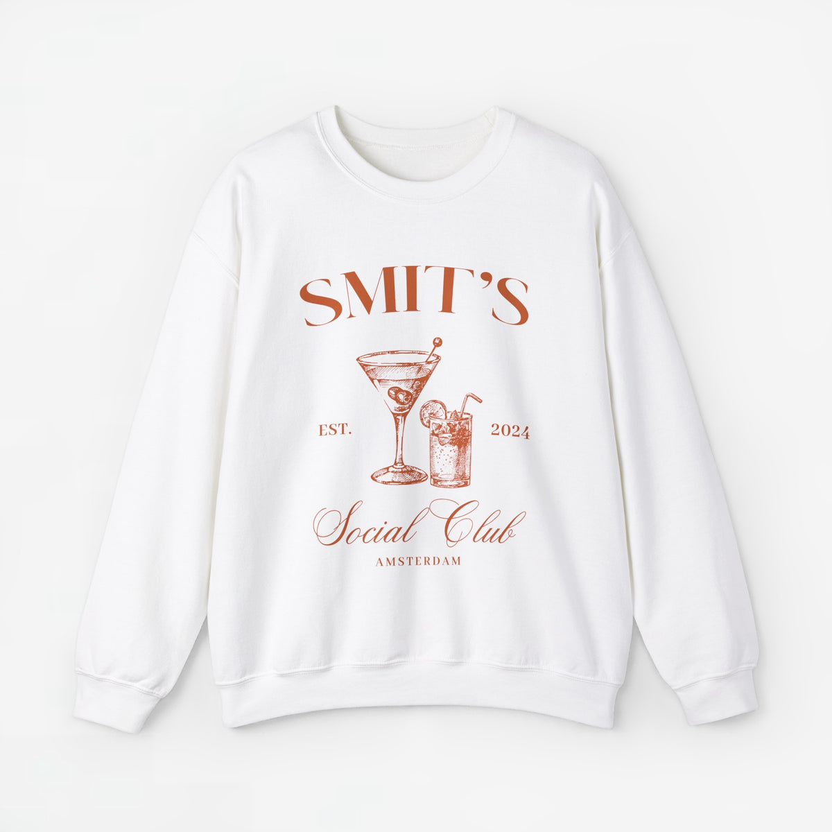 Witte sweatshirt met ronde hals en koperkleurige feestprint voorop