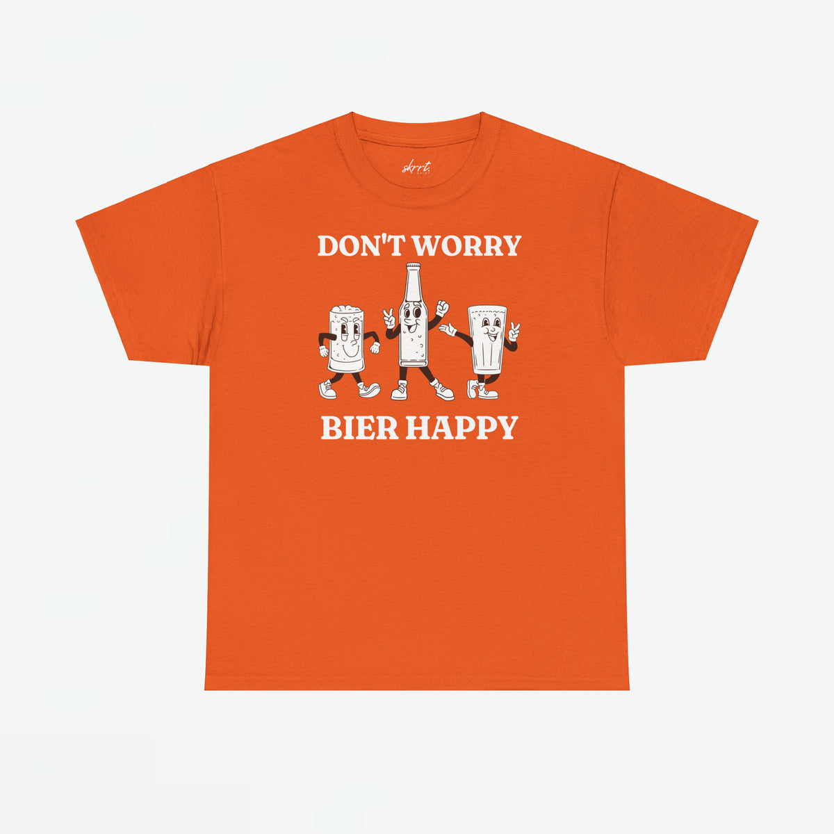 Oranje oversized T-shirt met borstprint ‘DON’T WORRY’ en ‘BIER HAPPY’ met figuren