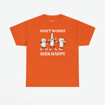 Oranje oversized T-shirt met borstprint ‘DON’T WORRY’ en ‘BIER HAPPY’ met figuren
