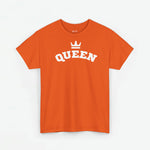 Oranje T-shirt met grote QUEEN-print en kroon op de borst, korte mouwen