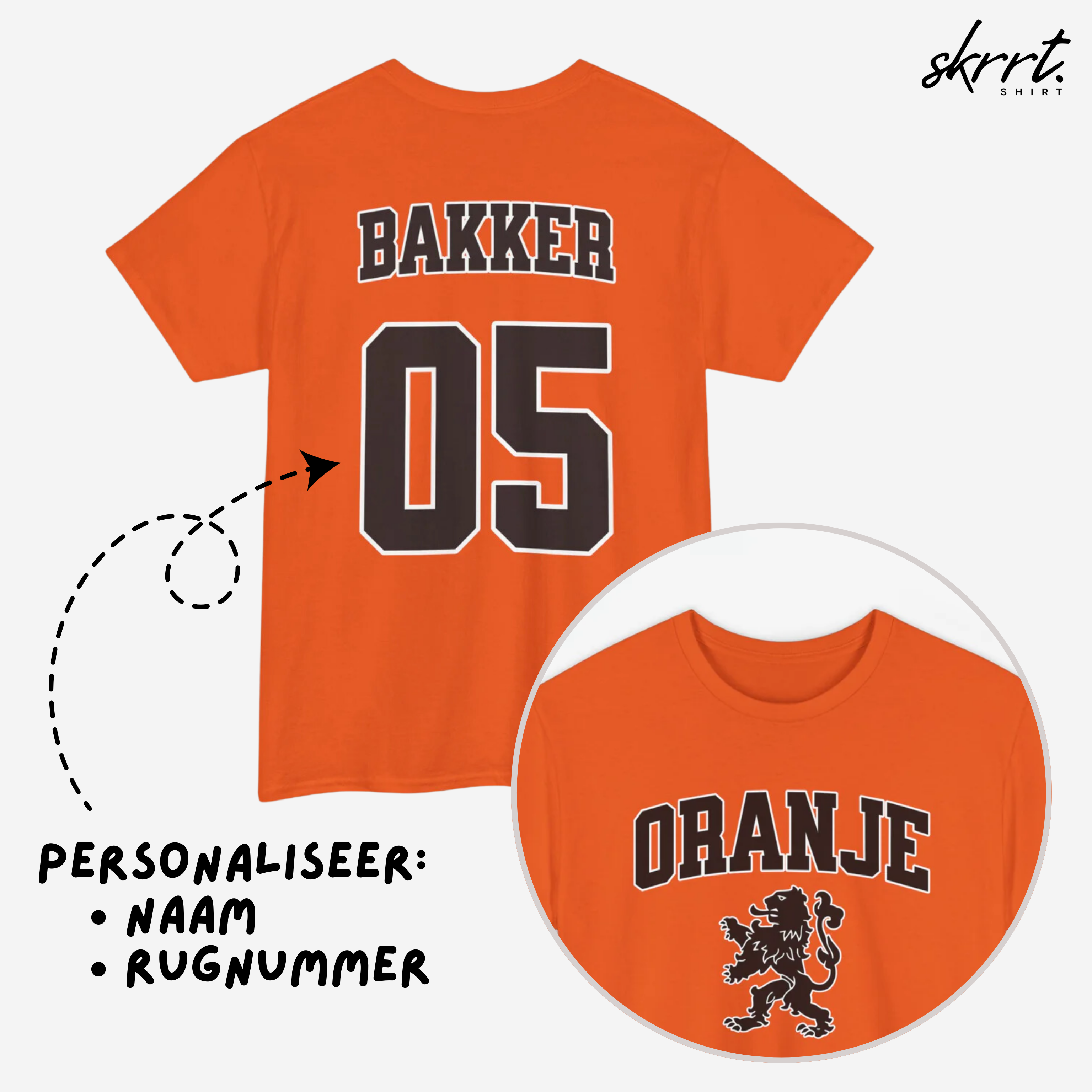 Oranje T-shirt voor EK, WK en Koningsdag - Personaliseer met Naam & Rugnummer - ORANJE met Leeuw (zwarte tekst)