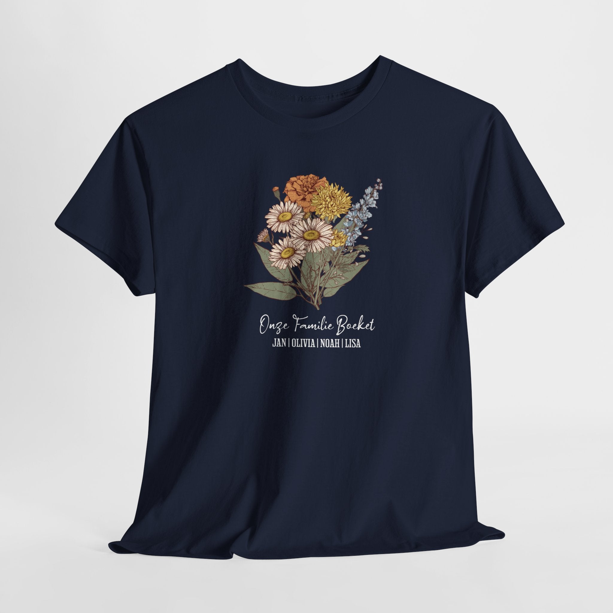 Gepersonaliseerde Moederdag Mama Cadeau - T-shirt - Ons familieboeket met namen en geboortemaand bloemen (witte tekst)