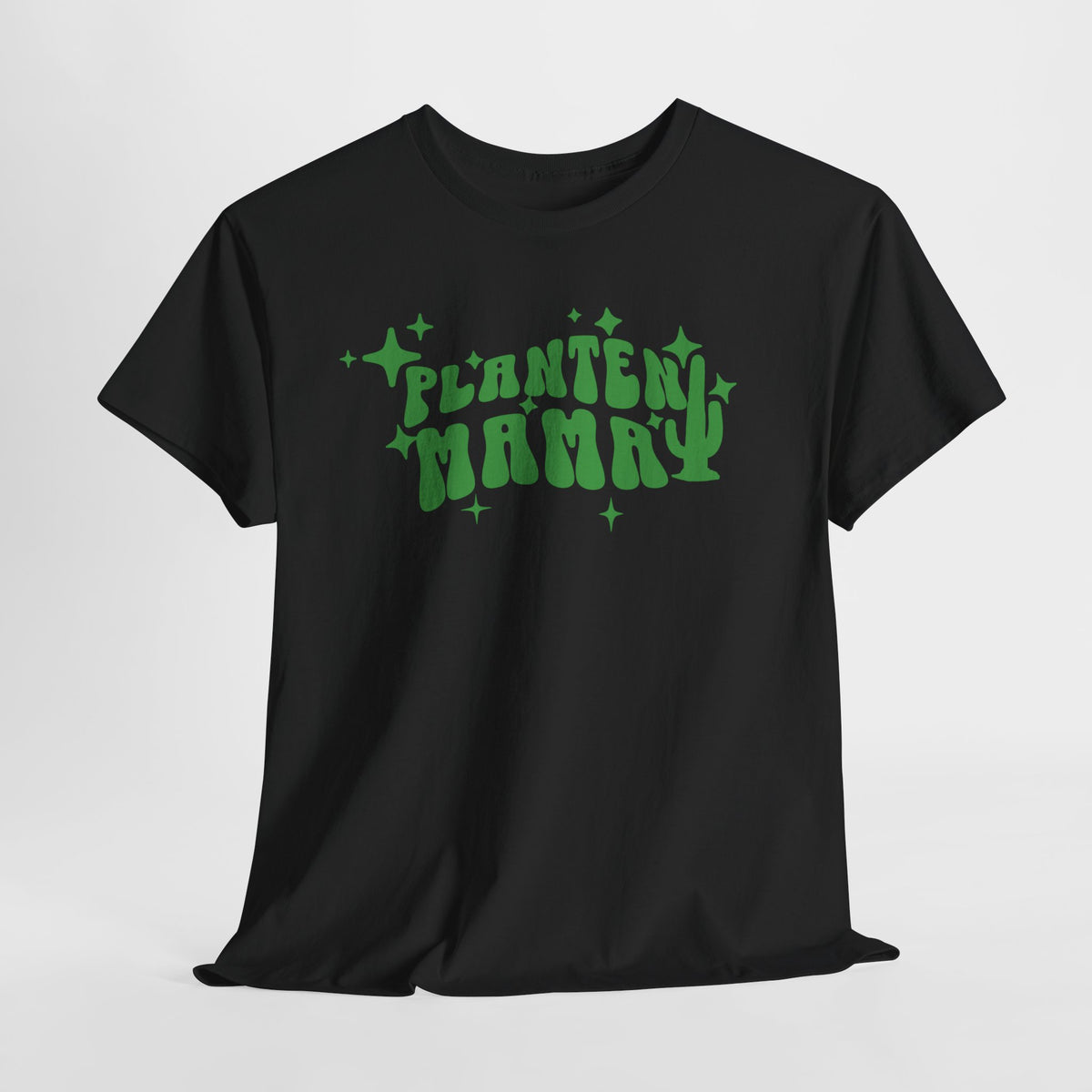 Zwart T-shirt met groene 'Planten Mamma'-print, frontaanzicht