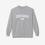 Heren varsity sweater met ronde hals, lichtgrijs en 'DEN HAAG' borstprint