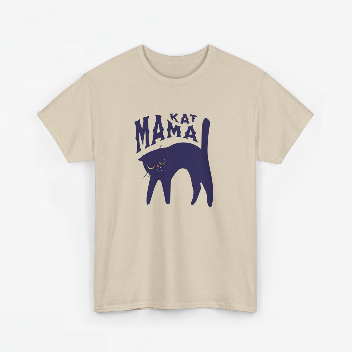Zandkleurig oversized T-shirt met opdruk 'KAT MAMA' en zwarte katillustratie