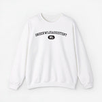 Witte sweatshirt met ronde hals en lange mouwen, print 'ONDERWIJASSISTENT NL' op borst.