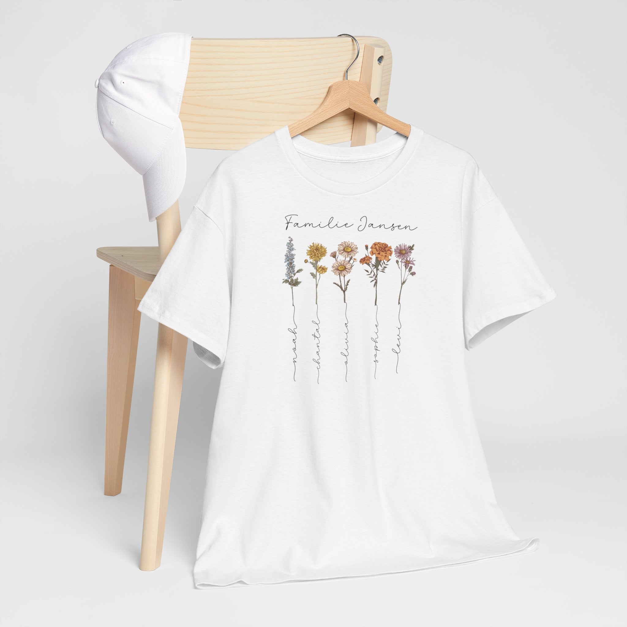 Gepersonaliseerde Moederdag Mama Cadeau - T-shirt - Familienaam met namen en geboortemaand bloemen